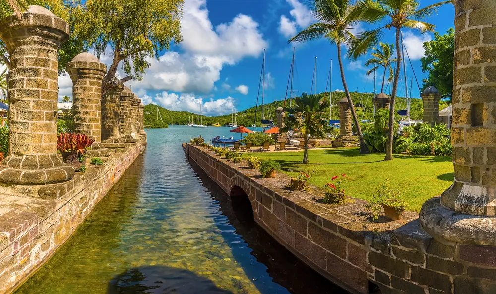 Unique view of the causeway of the English Harbor in Antigua pictured for a guide titled Is Antigua Safe to Visit