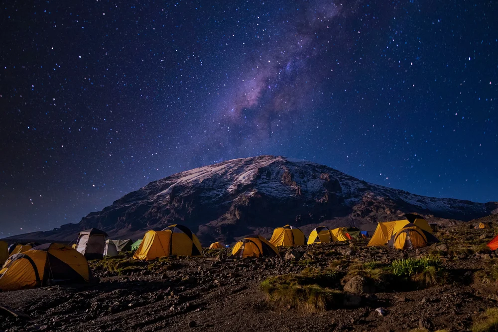 Gorgeous night scene of the milky way over the base camp of Mount Kilimanjaro
