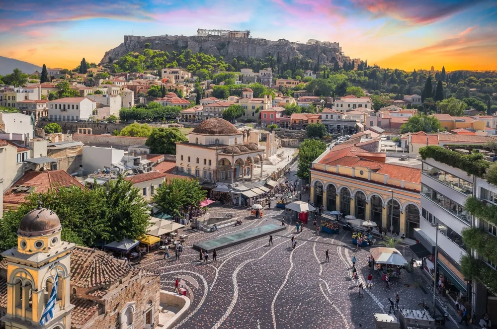 Aerial view of Monastiraki Square at sunset in Athens, one of the best tourist destinations in the world