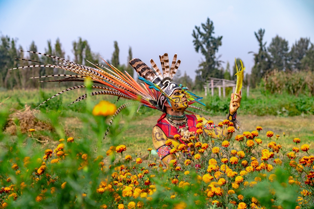 A man wearing a vibrant local traditional costume, dancing behind yellow flowers.
