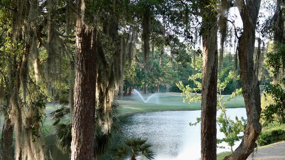Lagoon view through Spanish moss on a golf course on Hilton Head Island with sprinklers running for a list of the top 9 guys trip ideas
