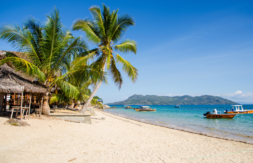 A calm beach with a native hut and coconuts on the shore, and several boats on the shallow waters of the beach. 