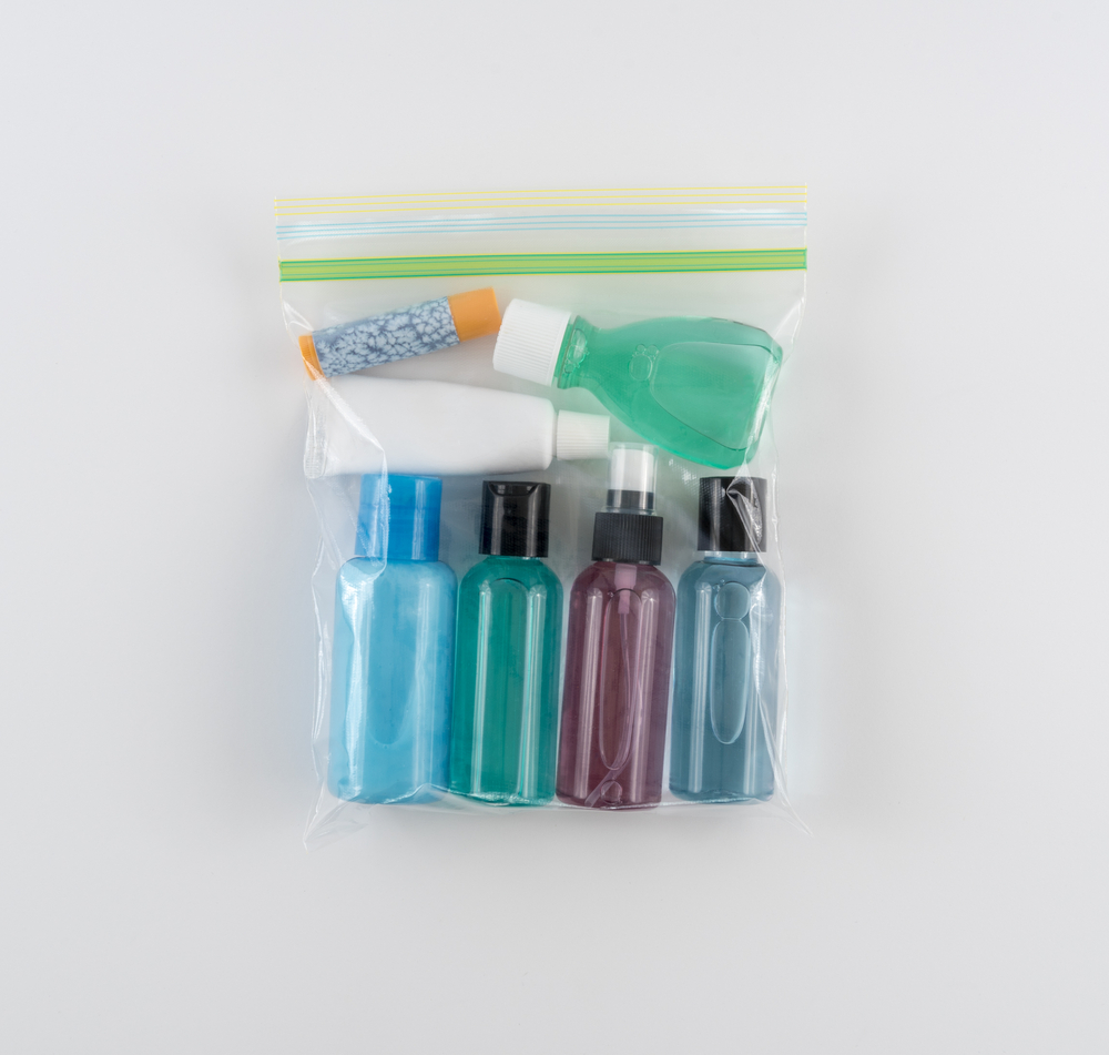 Quart-sized bag containing liquid toiletries properly packed according to the carry on liquid guide and TSA rules