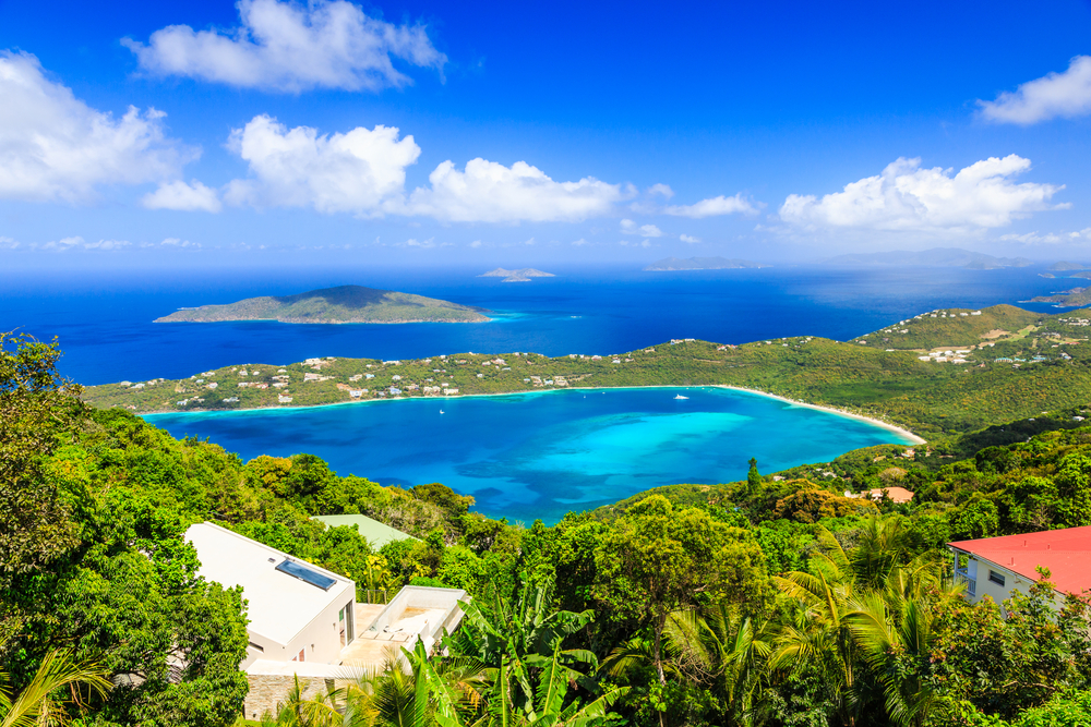 Aerial view of Magen's Bay on a sunny day in St. Thomas, US Virgin Islands, shown as one of the top choices for all-inclusive vacations without a passport required