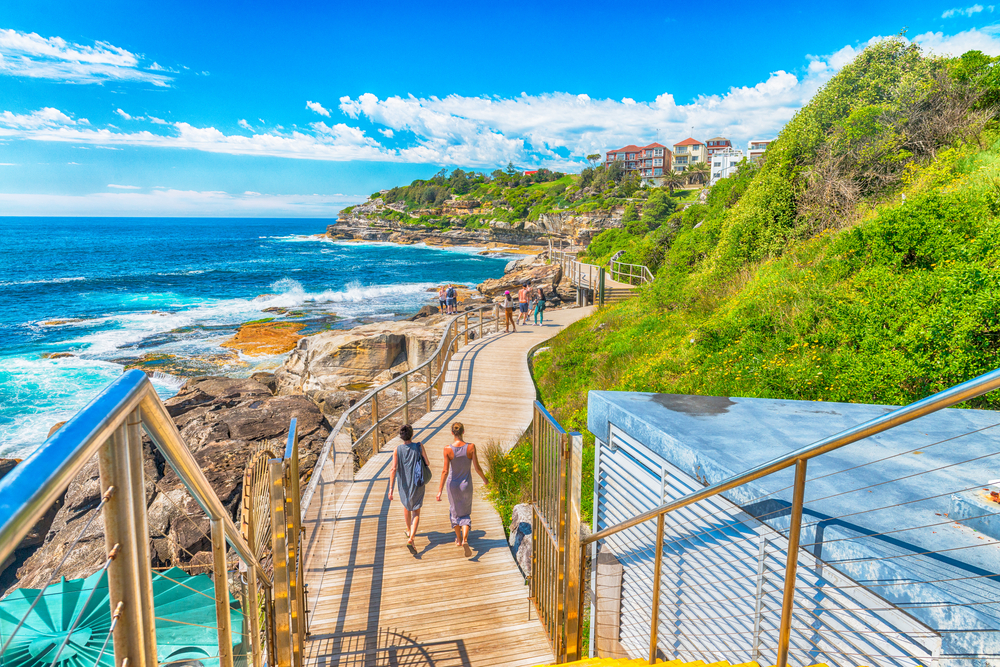 Neat view of two people walking down a boardwalk leading to the ocean in one of the best areas to stay in Sydney, Bondi Beach