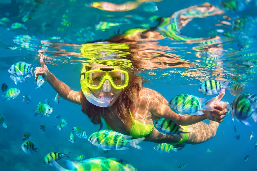 A girl snorkeling wearing a neon green swimwear doing thumbs up sign while surrounded by tropical fishes. 