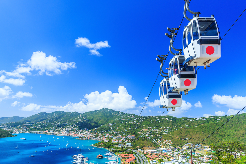 A cable car hanging above an island, a piece on travel guide about trip cost to Virgin Islands, with an aerial view of a crowded urban area with boats on its port.
