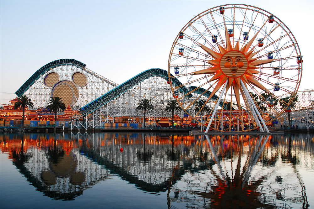 Photo of the California Adventure park from the outside across the lake