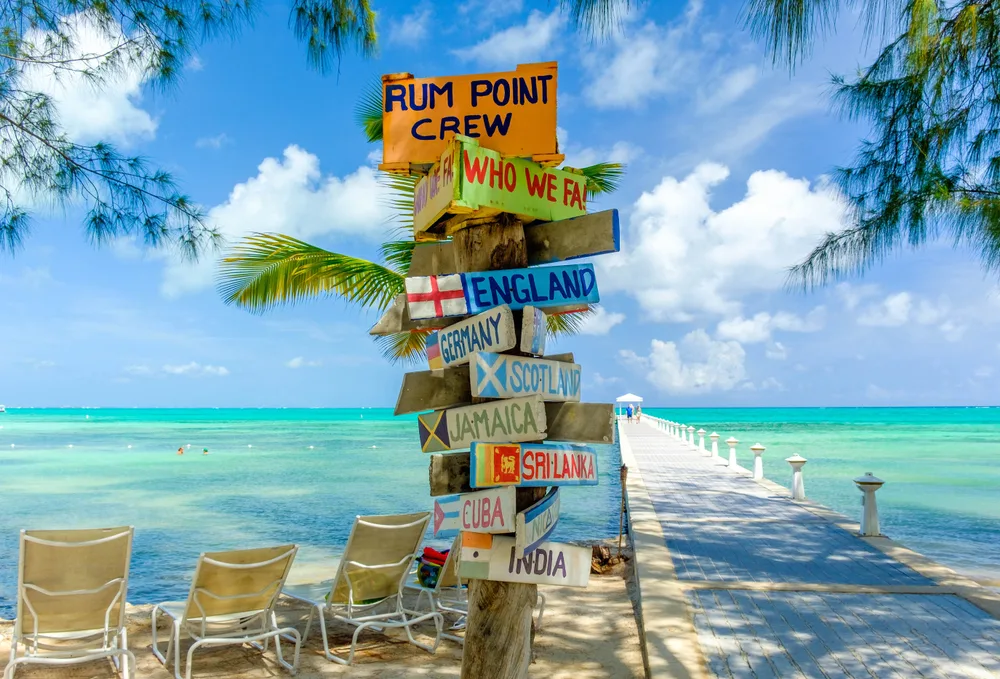 Several signages of flag and country posted on a single tree post, and in background are sun beds facing the calm clear ocean. 
