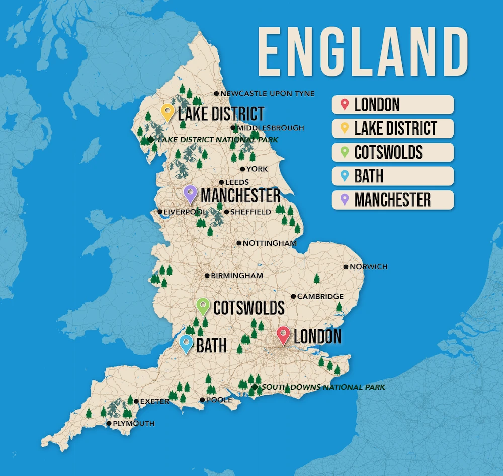 Where to Stay in England map in vector format featuring the best areas of town