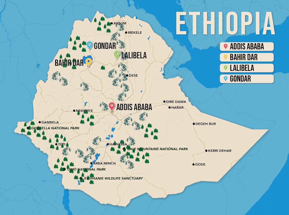 Where to Stay in Ethiopia map in vector format featuring the best areas of town
