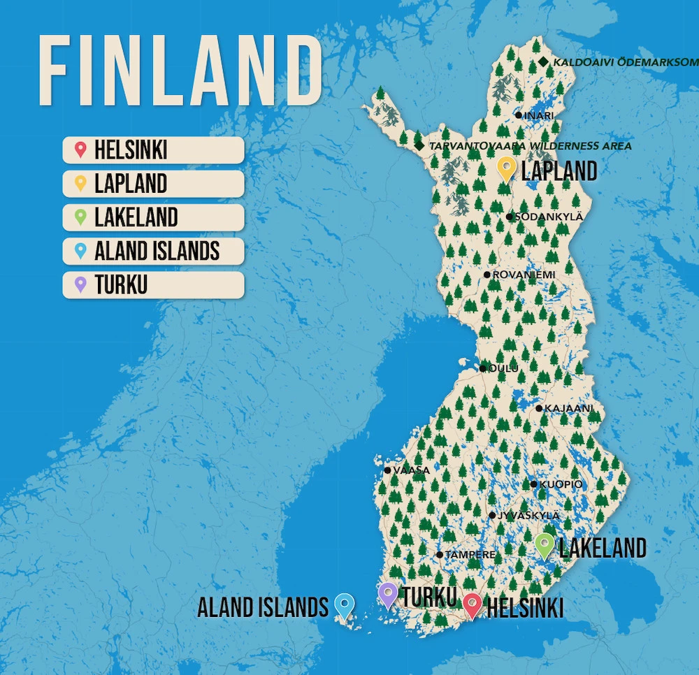 Where to Stay in Finland map in vector format featuring the best areas of town
