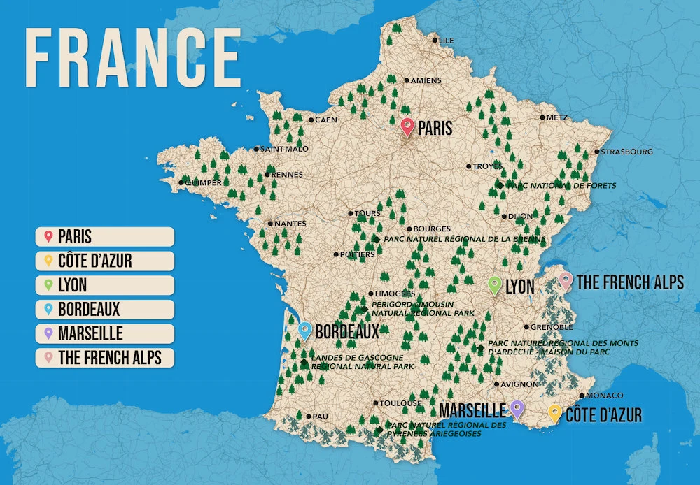 Where to Stay in France map in vector format featuring the best areas of town
