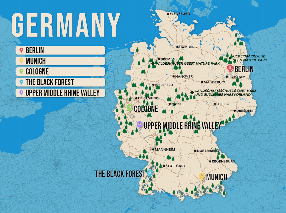 Where to Stay in Germany map in vector format featuring the best areas of town