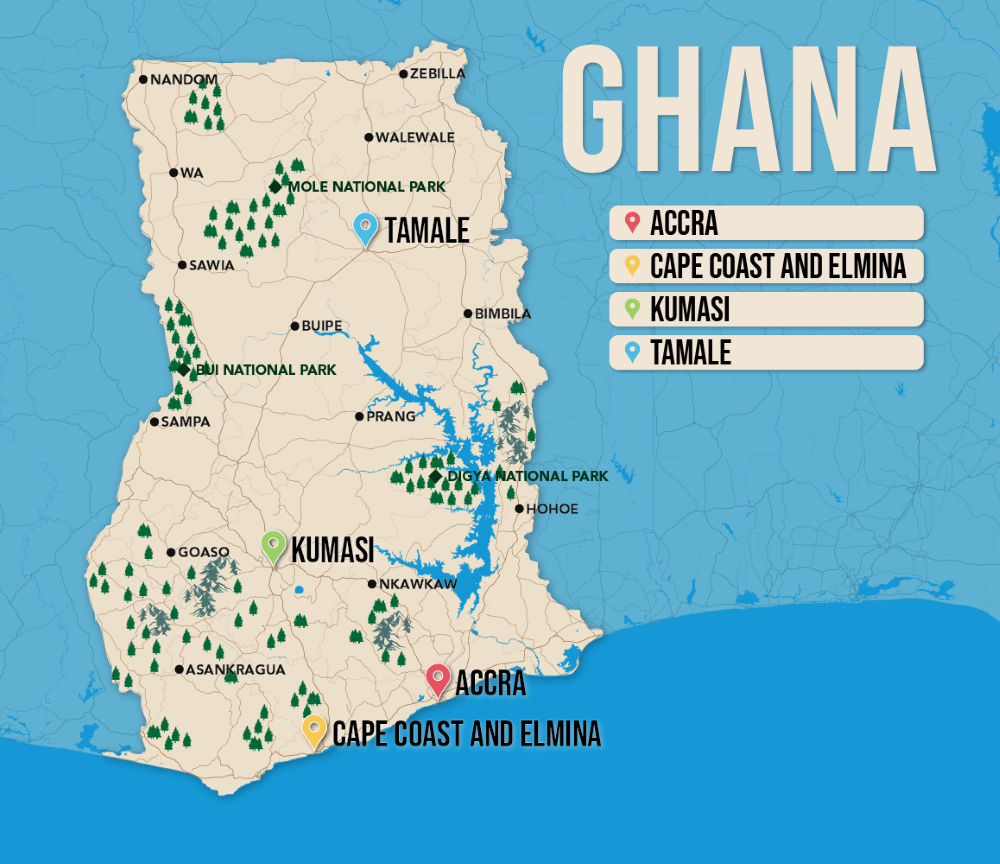 Where to Stay in Ghana map in vector format featuring the best areas of town