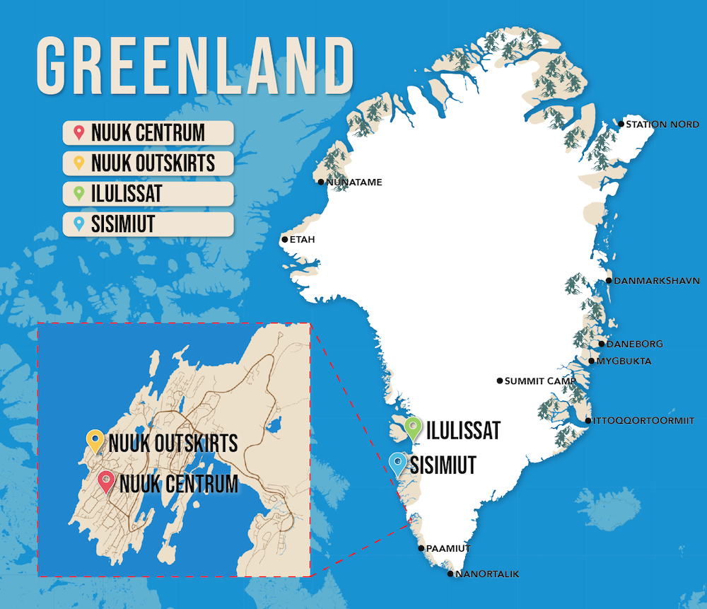 Where to Stay in Greenland map in vector format featuring the best areas of town