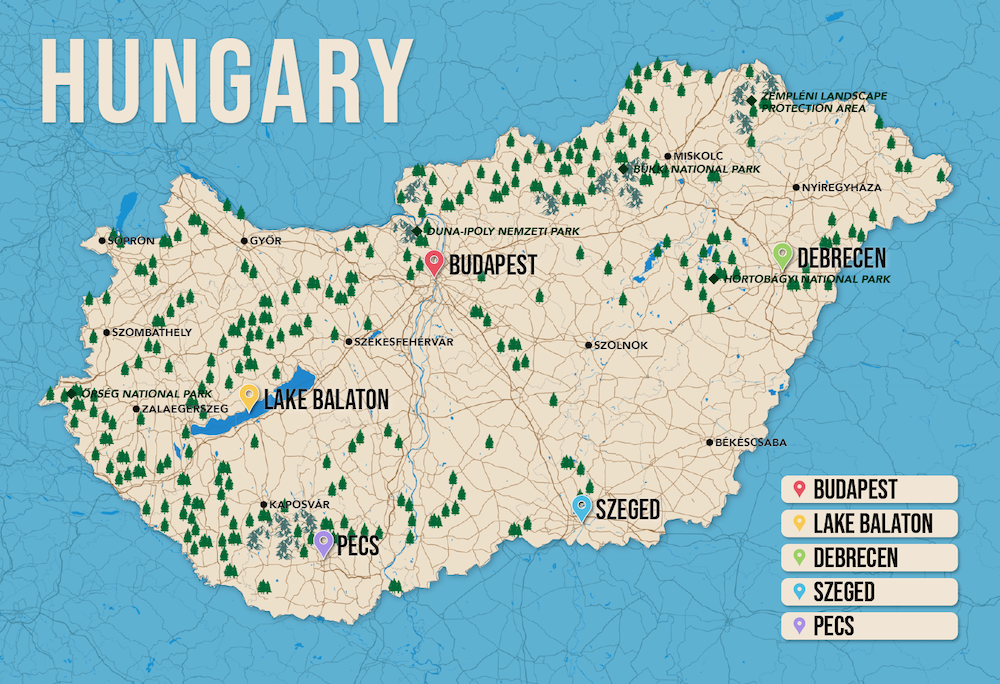 Where to Stay in Hungary map in vector format featuring the best areas of town