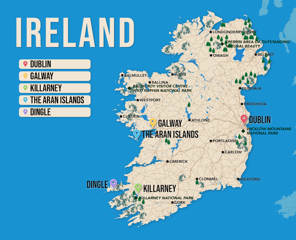 Where to Stay in Ireland map in vector format featuring the best areas of town