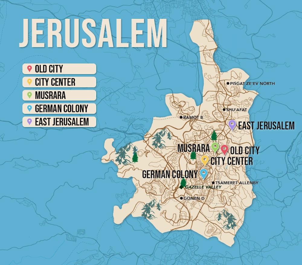 Where to Stay in Jerusalem map in vector format featuring the best areas of town