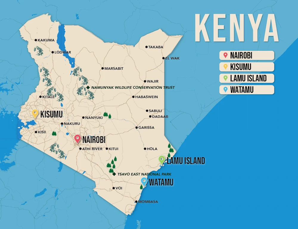 Where to Stay in Kenya map in vector format featuring the best areas of town