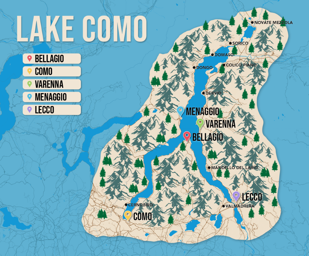 Where to Stay in Lake Como map in vector format featuring the best areas of town