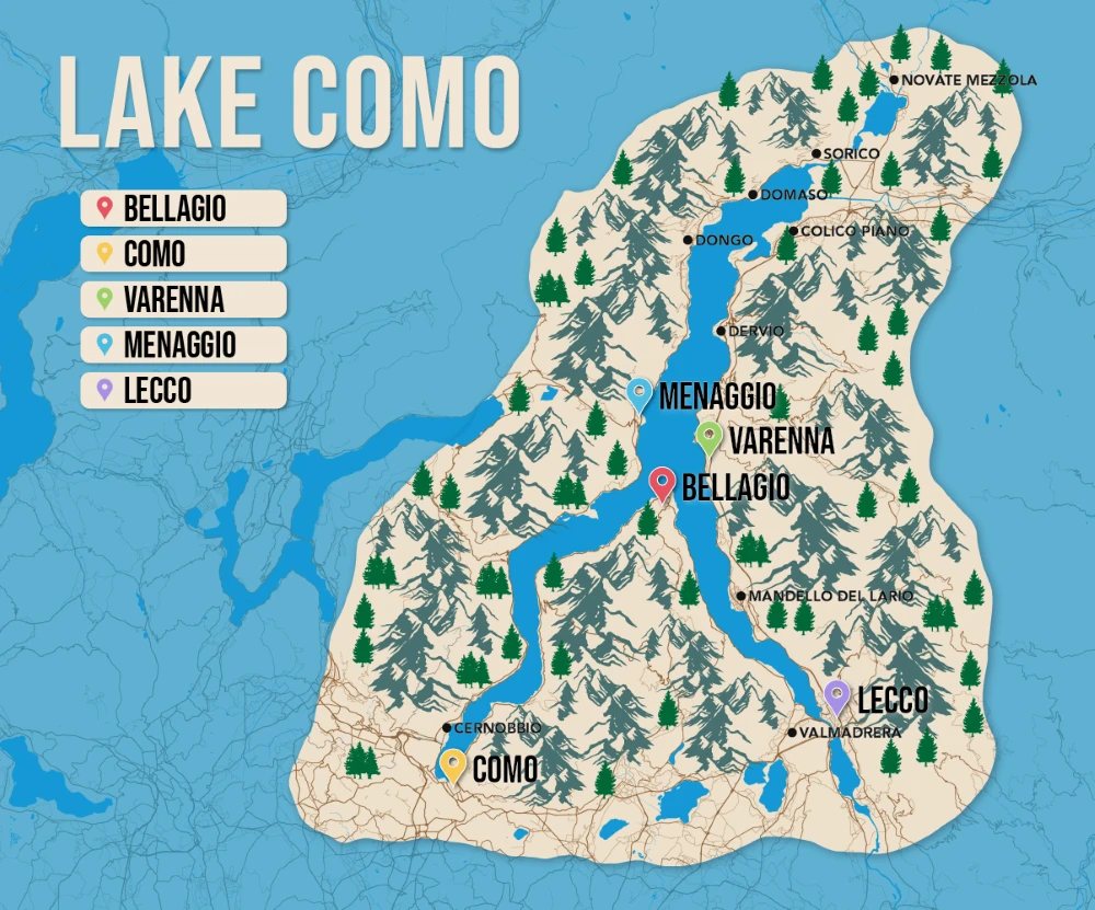 Where to Stay in Lake Como map in vector format featuring the best areas of town