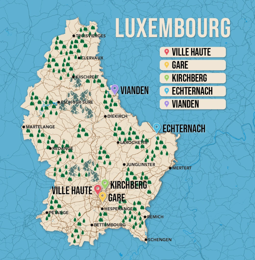 Where to Stay in Luxembourg map in vector format featuring the best areas of town