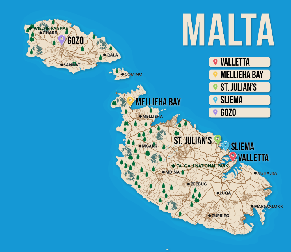 Where to Stay in Malta map in vector format featuring the best areas of town