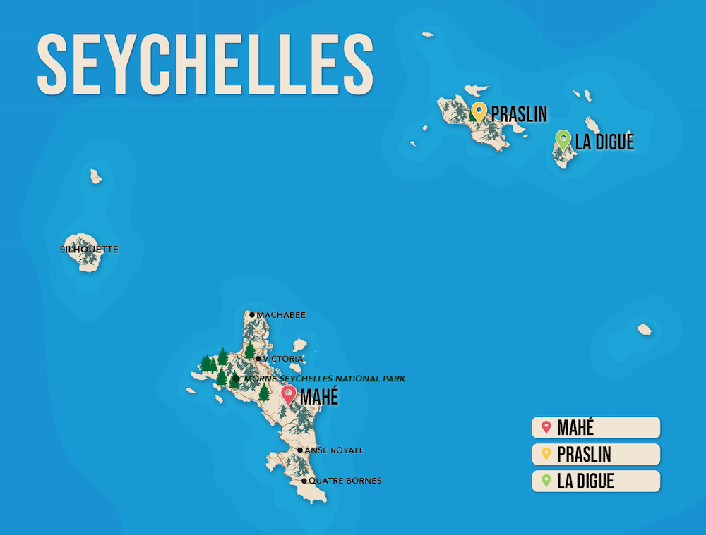 Where to Stay in Seychelles map in vector format featuring the best areas of town