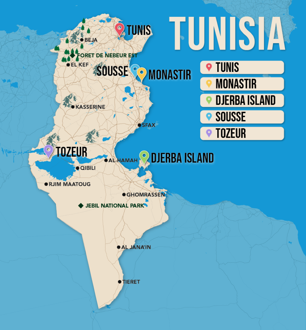 Where to Stay in Tunisia map in vector format featuring the best areas of town