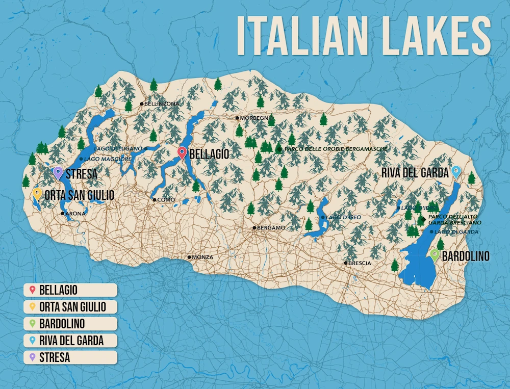 Where to Stay in the Italian Lakes map in vector format featuring the best areas of town