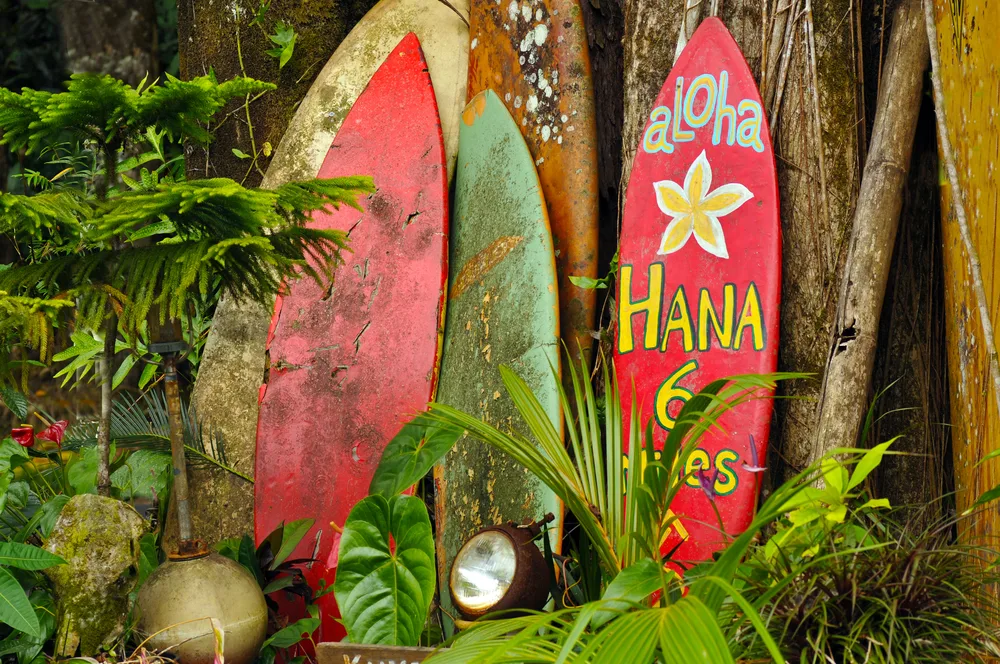 Welcome sign on surfboards along the Road to Hana in Maui, Hawaii for a discussion article answering what language do they speak in Hawaii?