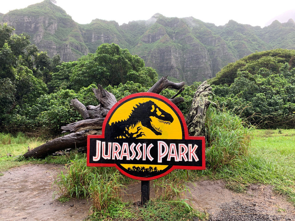 A forest and mountainous area with the marking of Jurassic Park movie. 