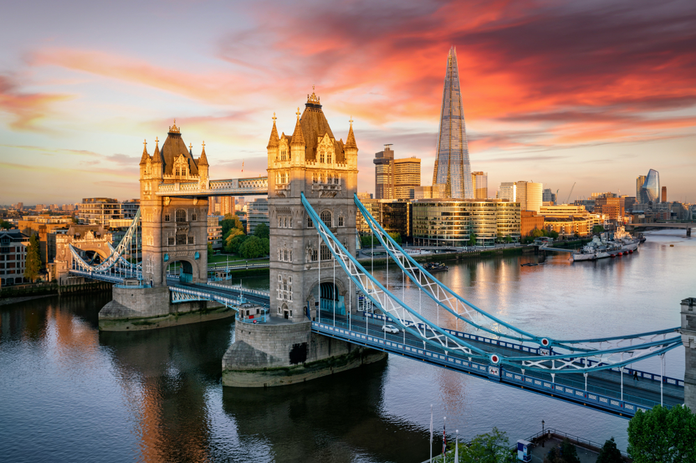 Aerial view of London's skyline with the Tower Bridge at sunrise over the Thames River for a list of the cheapest places to fly to in Europe