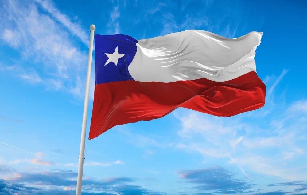 Chile flag waving along the wind with the background of the sky, an image for a known fact that Chilean flag came first than Texas flag, where the two flags has a close resemblance.