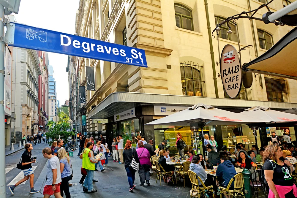 A street that has a signage that sats "Degraves St." where people are seen eating in an outdoor diving of a restaurant and others are seen just passing by. 