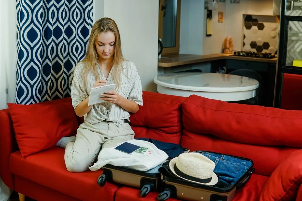 Young blonde woman sits on her red couch with an open suitcase and an international travel checklist as she reviews her packing list one more time