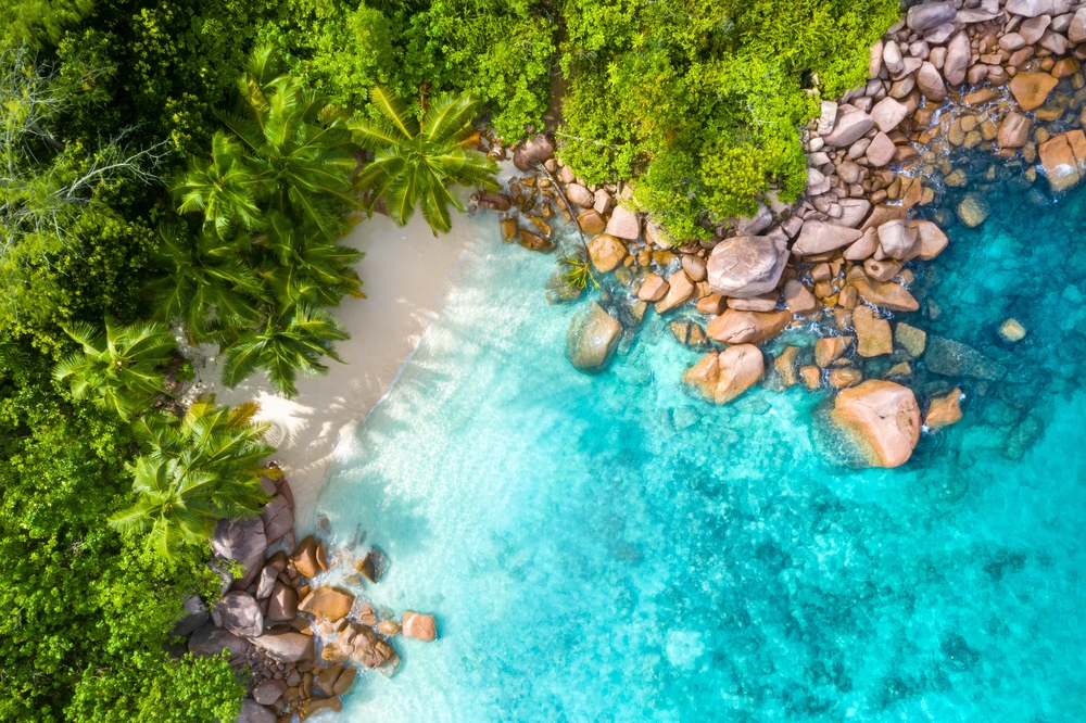 A top view of a secluded beach with white sand, lush trees, large smooth rocks, and crystal clear water in Praslin, one of the best areas to stay in Seychelles.