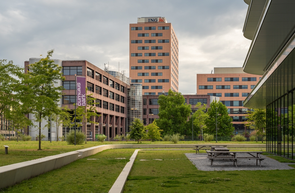 A lonely town park situated between buildings with green grass and short trees, one of the bad areas to avoid for safe travel in the Netherlands.