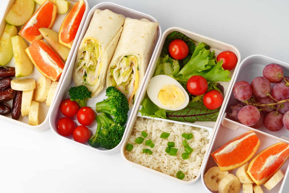 Healthy snacks and lunch items packed in reusable containers for a flight for a piece explaining can you bring snacks on a plane with tips to pack them properly