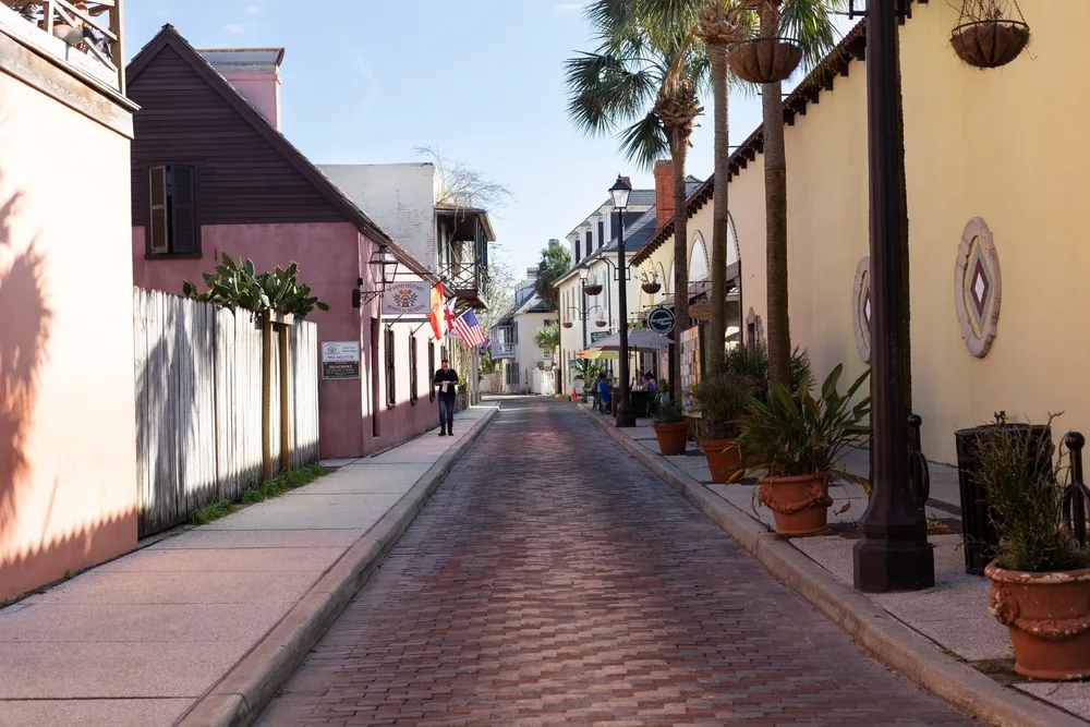 A narrow street with brick pavement and palm trees on the side. 