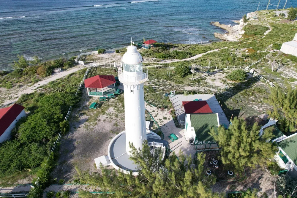 Aerial photo of Grand Turk lighthouse standing proudly by the sea surrounded by grass and small buildings with red roofs for a frequently asked questions section on how long is a flight to Turks and Caicos?