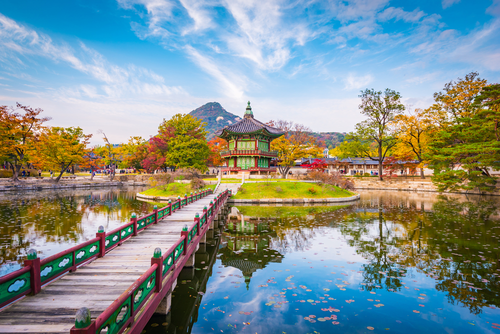 A wooden foot bridge leading to an island at the center of a lake with a small pagoda, captured in a park as a section image for a travel guide about trip cost to South Korea.