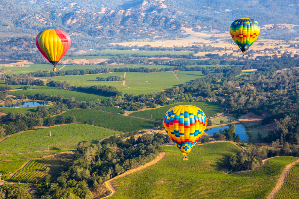 Three vibrant hot air balloons hovering over wide green fields and forests. 