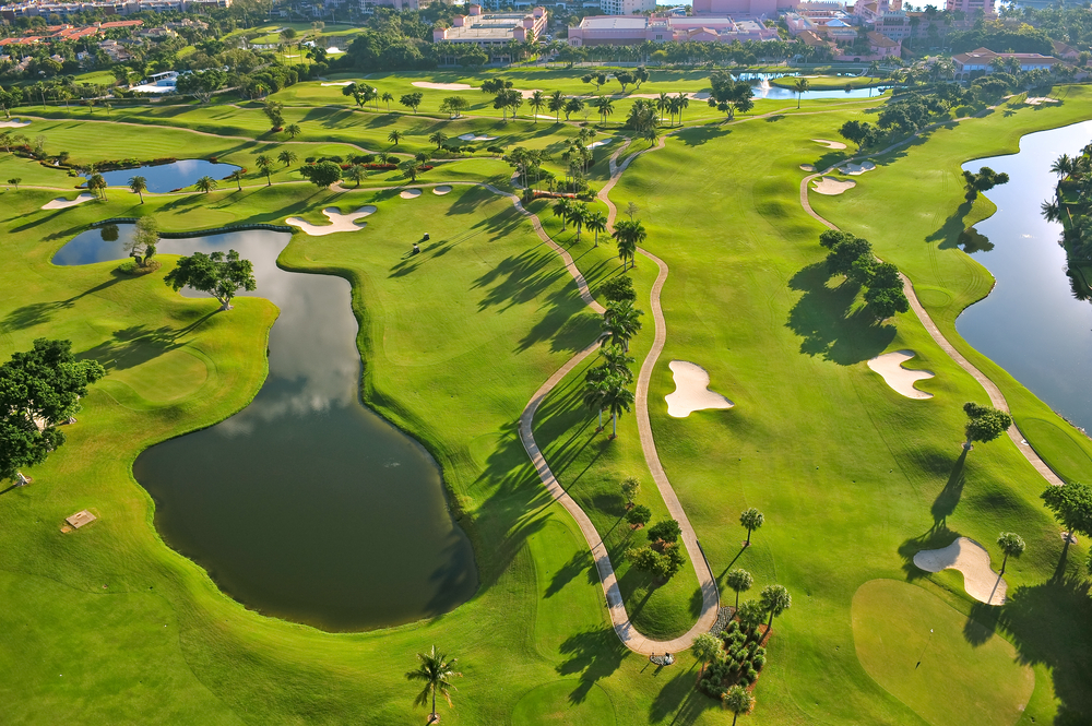 A beautiful golf course with perfectly trimmed grass, ponds, and a few palm trees.