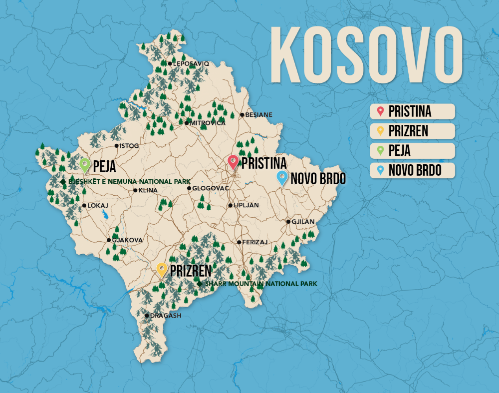 Where to Stay in Kosovo map in vector format featuring the best areas of town