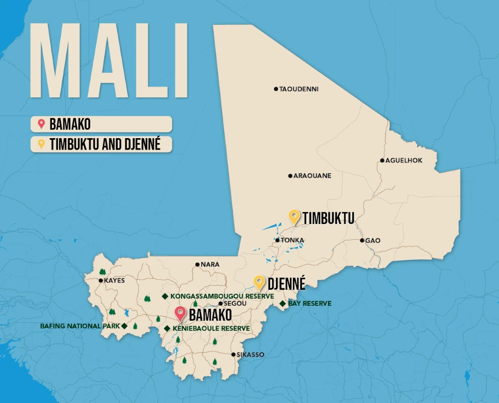 Where to Stay in Mali map in vector format featuring the best areas of town