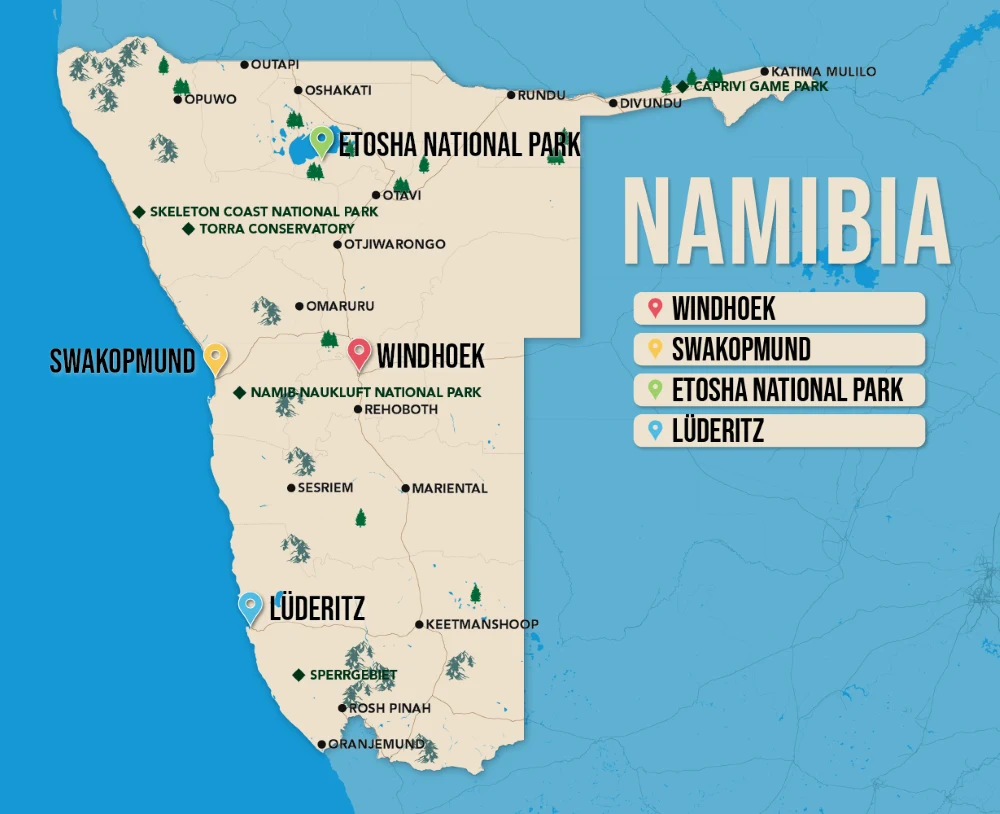 Where to Stay in Namibia map in vector format featuring the best areas of town