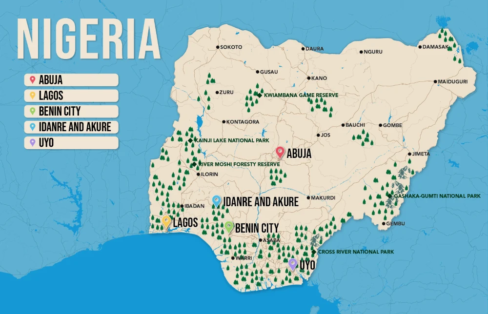 Where to Stay in Nigeria map in vector format featuring the best areas of town