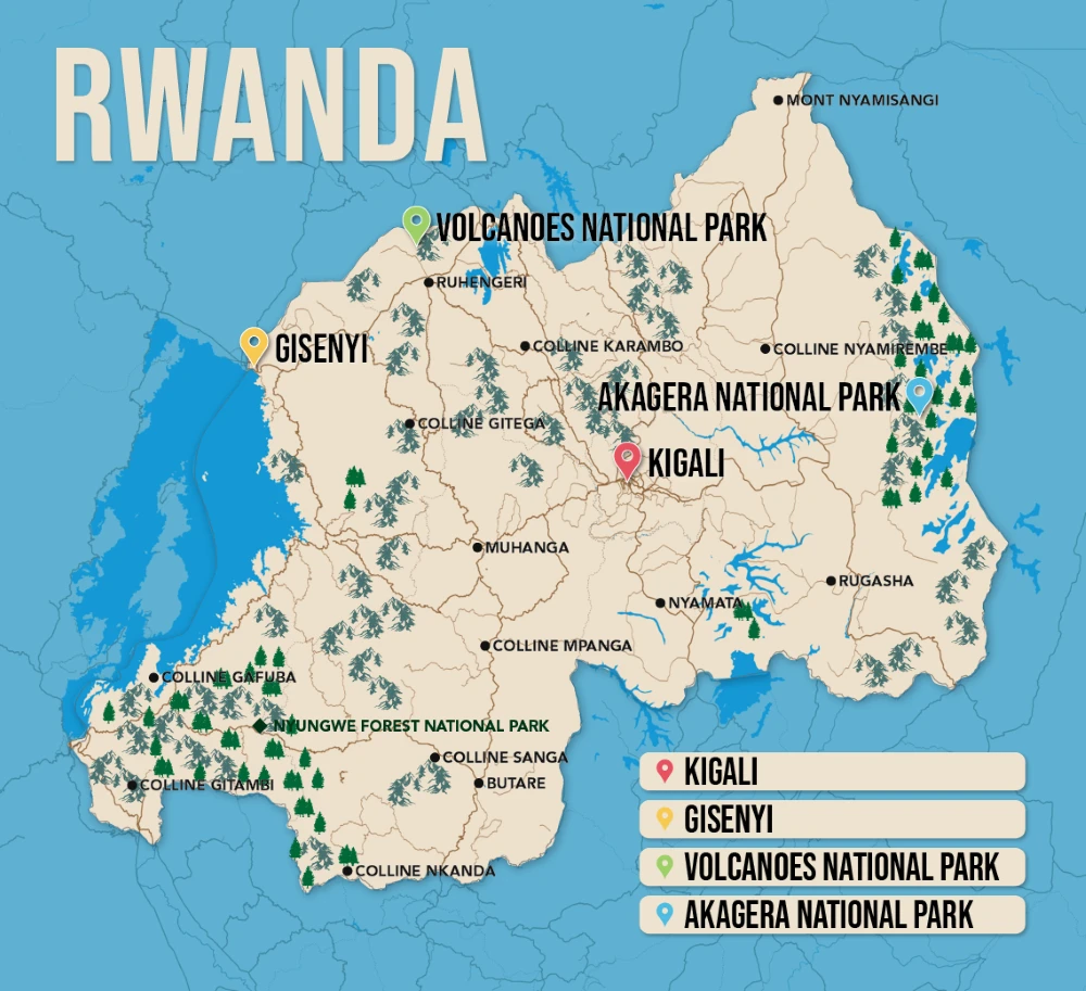 Where to Stay in Rwanda map in vector format featuring the best areas of town